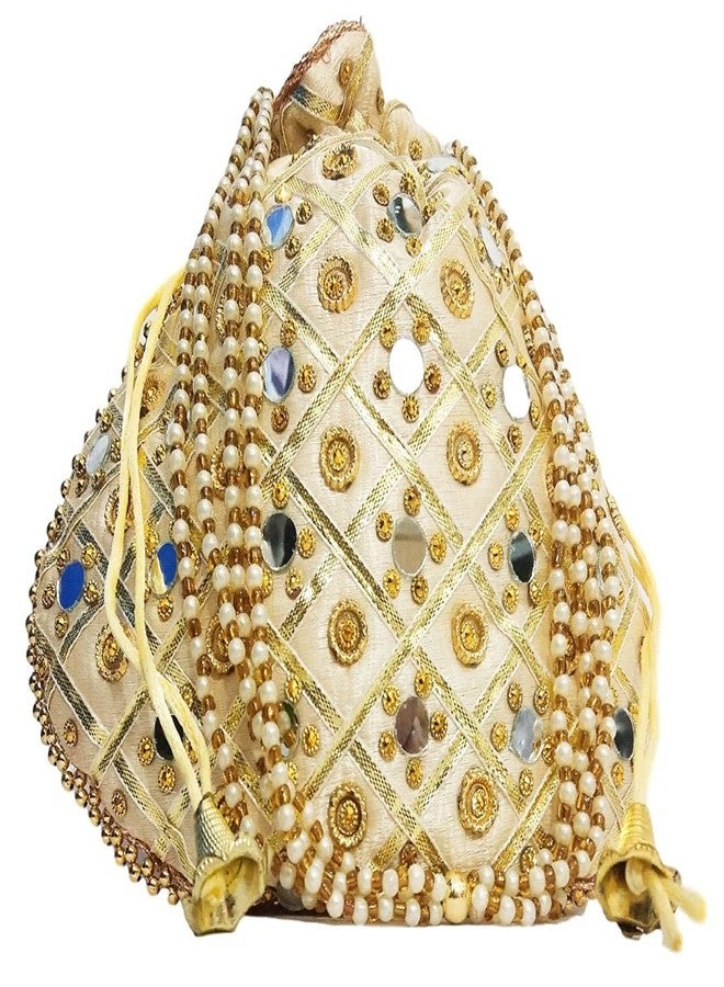 ATHZ Potli Bag Golden work wedding potli for ladies Gift for women handbags traditional Indian Wristlet with Drawstring Ethnic Embroidery Women Fashion Potli (Golden) - Image 1
